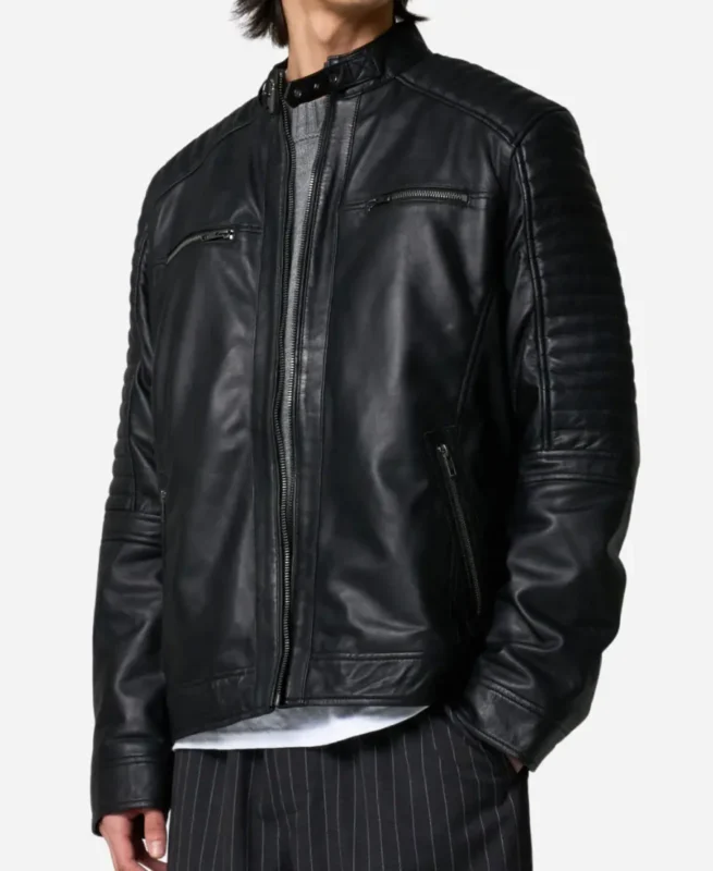Men’s Leather Racer Jacket with Quilted Shoulders