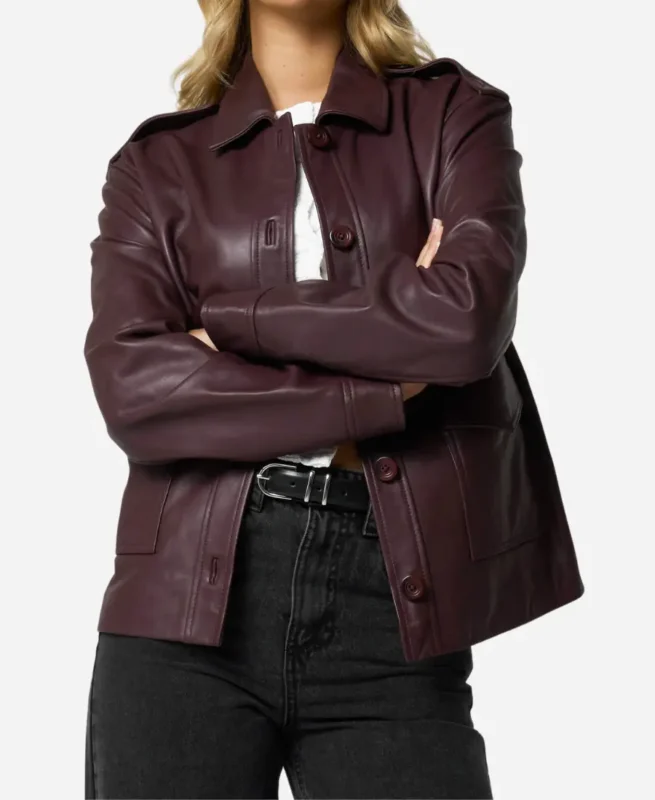 Womens Burgundy Utility Leather Jacket