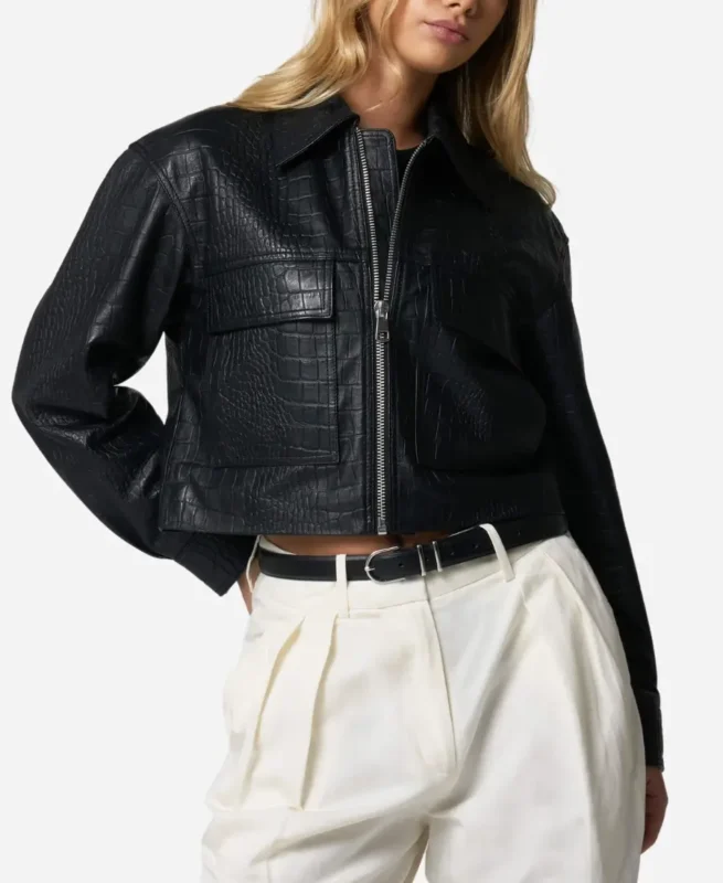 Women’s Crocodile Print Black Leather Jacket