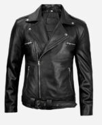 Classic Moto Biker Style Black Asymmetrical Belted Leather Jacket