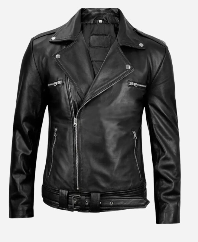 Classic Moto Biker Style Black Asymmetrical Belted Leather Jacket