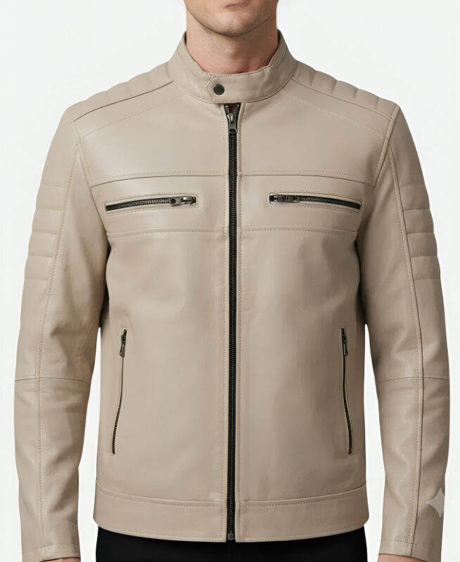 Cafe Racer Beige Leather Jacket For Sale