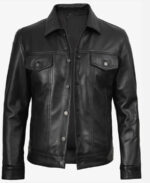 Classic Leather Trucker Jacket in Black