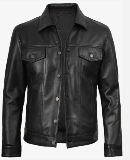 Classic Leather Trucker Jacket in Black