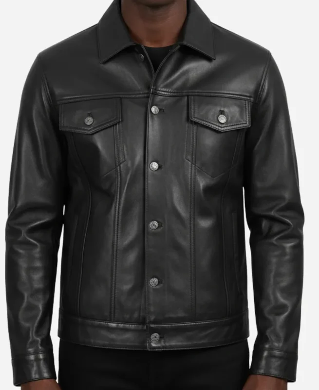 Classic Black Leather Trucker Jacket