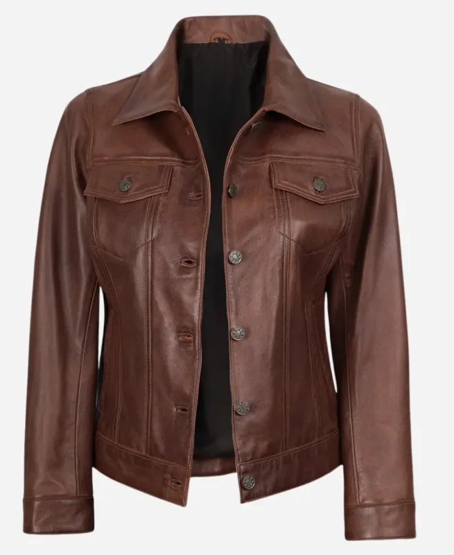  Cognac Brown Trucker Leather Jacket for Women