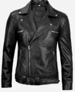 Men Biker Style Black Asymmetrical Belted Leather Jacket