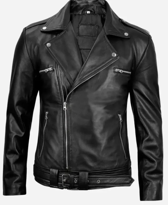 Men Biker Style Black Asymmetrical Belted Leather Jacket