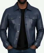 Men Blue Waxed Leather Trucker Jacket