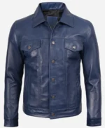 Men Blue Waxed Leather Trucker Jacket – For Sale
