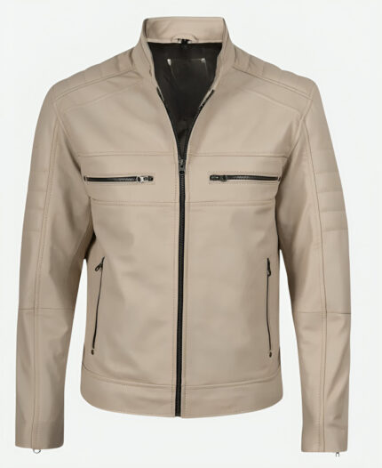 Cafe Racer Beige Leather Jacket for Men