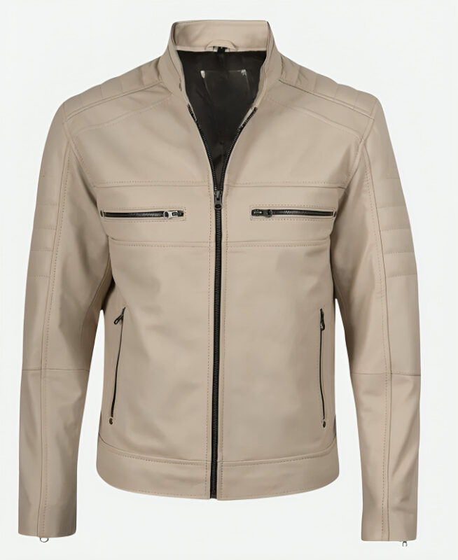 Cafe Racer Beige Leather Jacket for Men