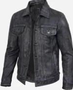 Men Stylish Washed Black Leather Trucker Jacket