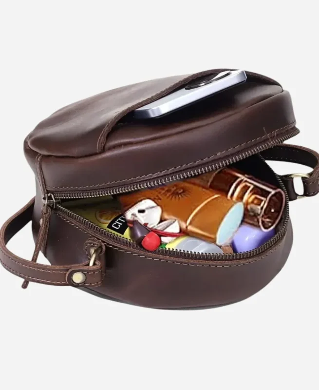 Round Circle Brown Leather Crossbody Bag - for womens