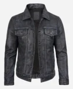 Stylish Washed Black Leather Trucker Jacket