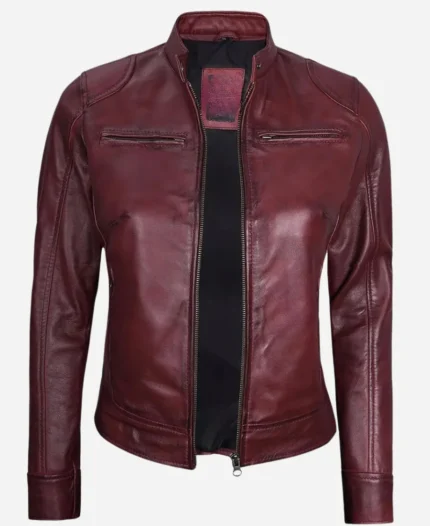 Women Biker Leather Jacket - Burgundy