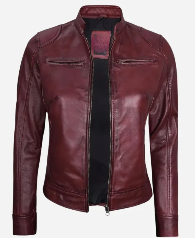 Women Biker Leather Jacket - Burgundy