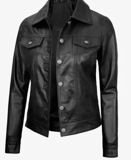 Women Black Leather Four-Pocket Trucker Jacket - for sale