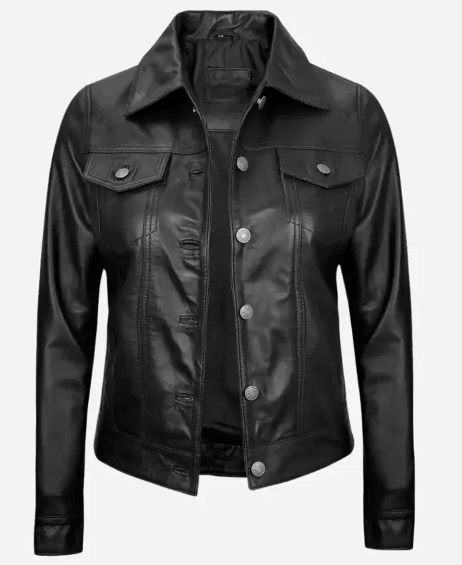 Women Black Leather Four-Pocket Trucker Jacket - for sale