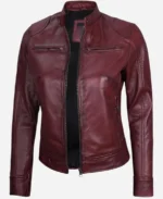 Women Burgundy Biker Leather Jacket