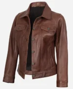 Women Cognac Trucker Leather Jacket