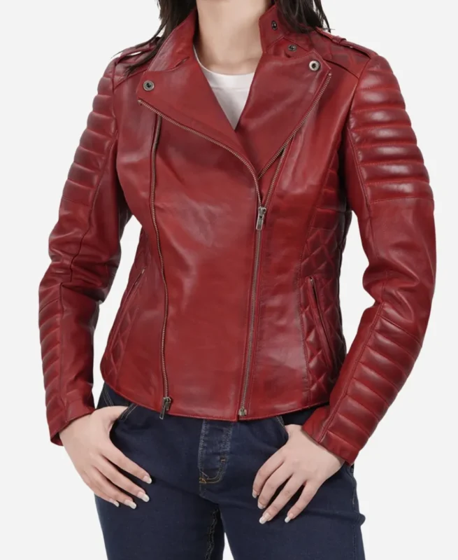 Women Leather Biker Style Jacket - Red