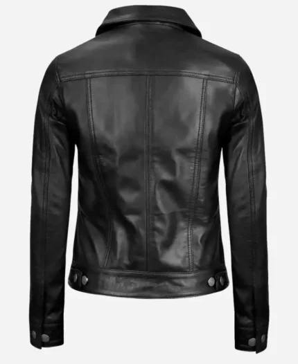 Women Leather Four-Pocket Trucker Jacket - Black