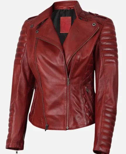 Women Red Asymmetrical Padded Leather Biker Jacket