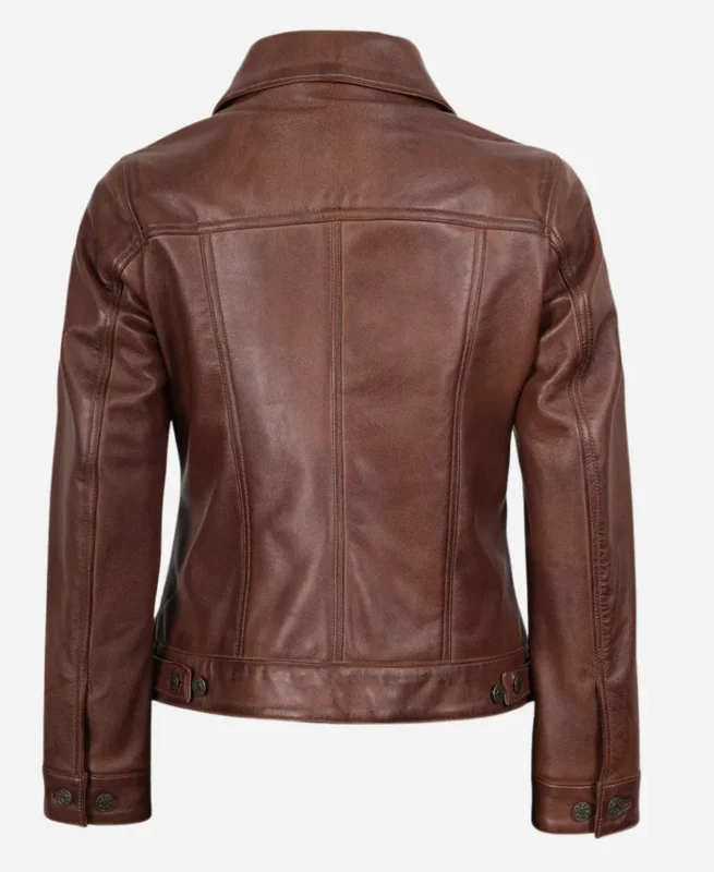 Women Trucker Leather Jacket - Brown