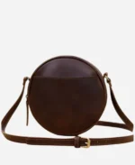  Women's Round Circle Shoulder Straps Brown Leather Zipper Crossbody Bag