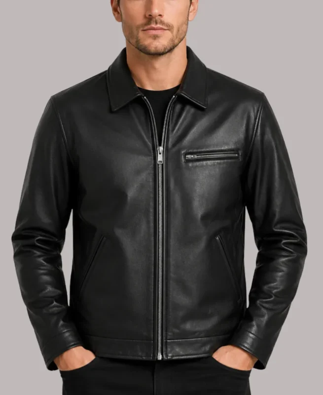 Men's Casual Workwear Black Bomber Leather Jacket