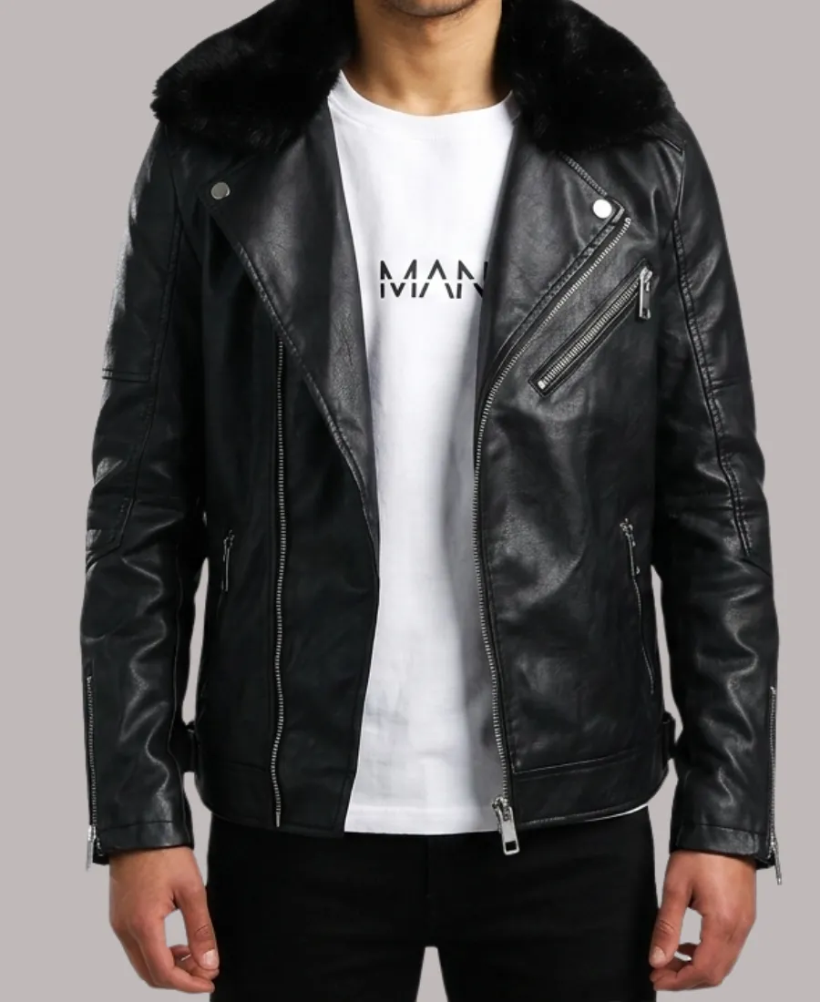 Black Fur Collar Leather Jacket Men's Black Fur Collar Leather Jacket