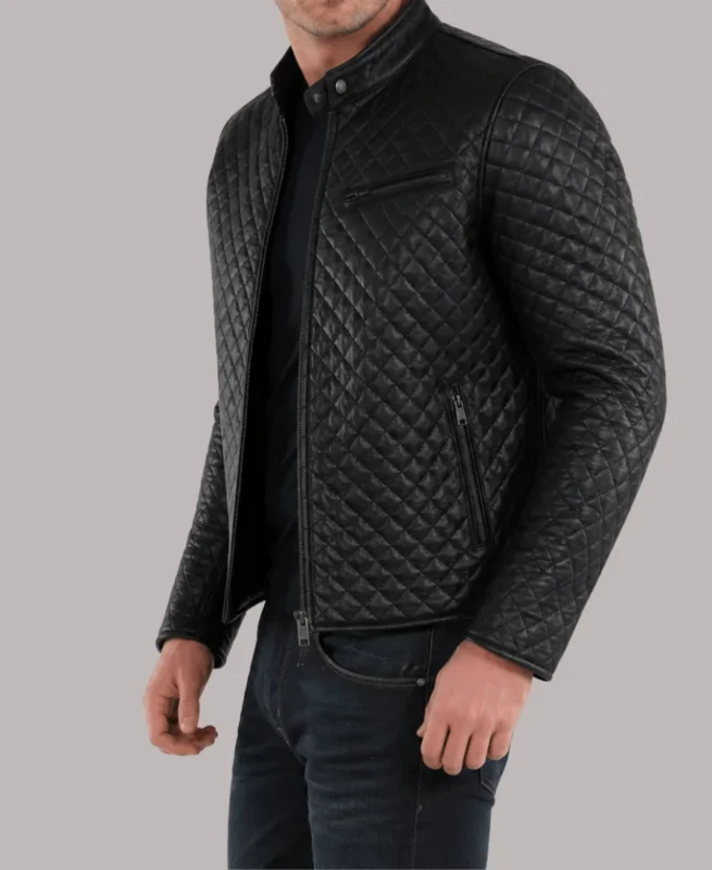 Men's Black Snap Tab Collar Leather Jacket