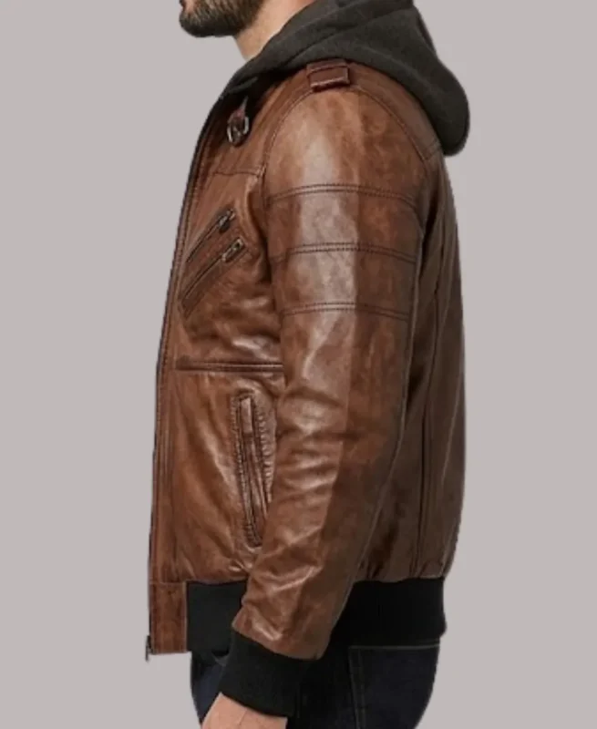 Men's Vintage Brown Hooded Bomber Leather Jacket