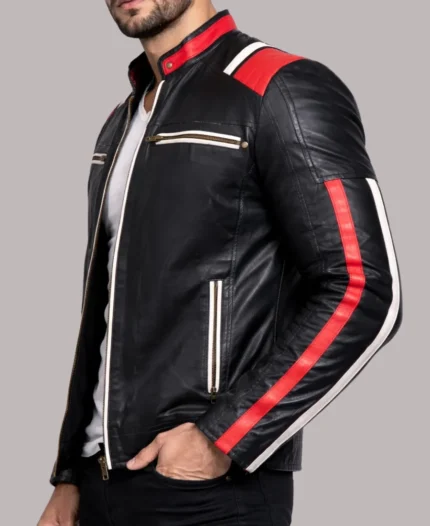 Men's Retro Black Striped Motorcycle Leather Jacket