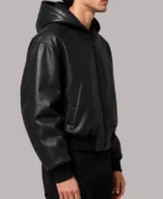 Men's Black Faux Leather Hooded Jacket