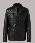 Men's Classic Flap Pockets Black Leather Jacket