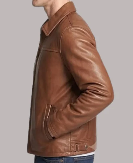 Shirt Style Collar Brown Leather Jacket
