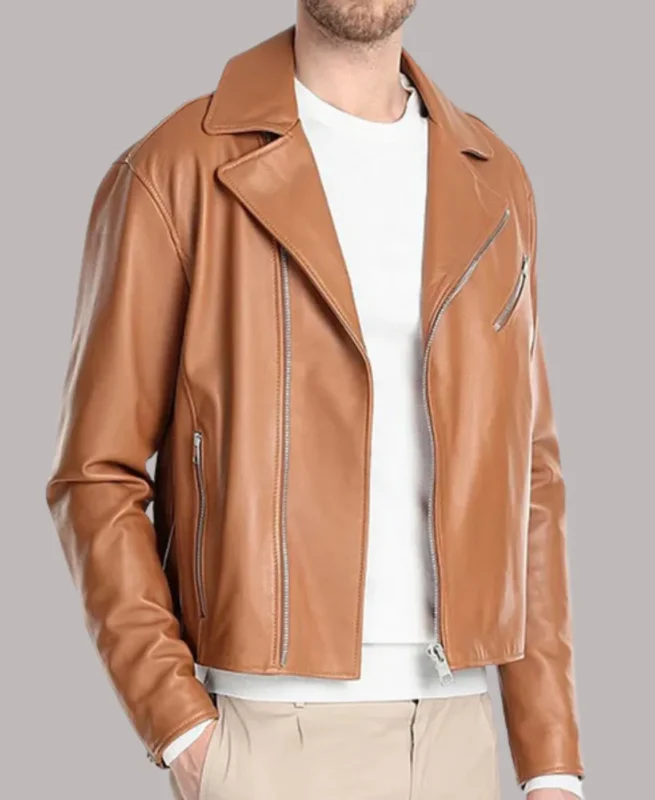 Men's Classic Tan Brown Leather Biker Jacket
