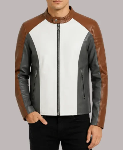 Men's Cafe Racer Color Block Style Leather Biker Jacket