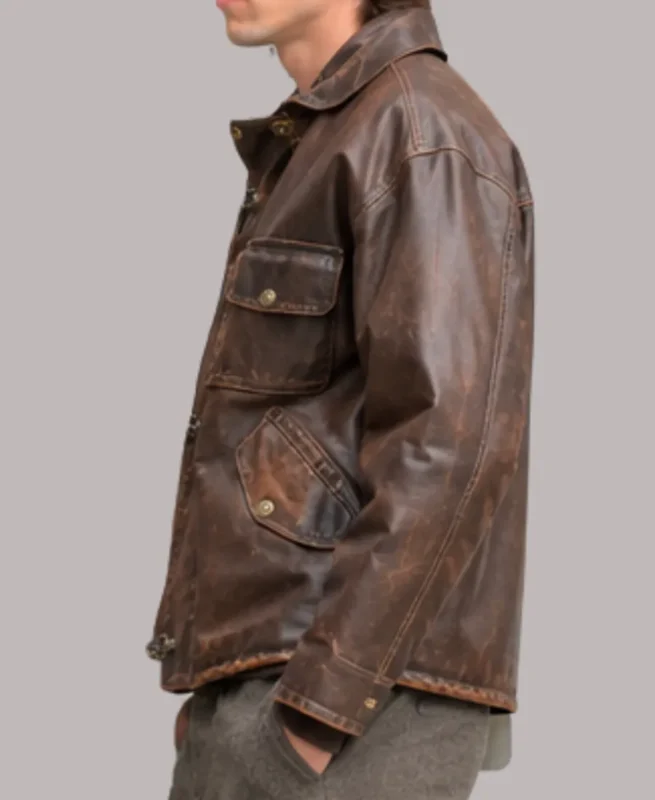 Men's Fireman Clasp Vintage Brown  Leather Jacket 