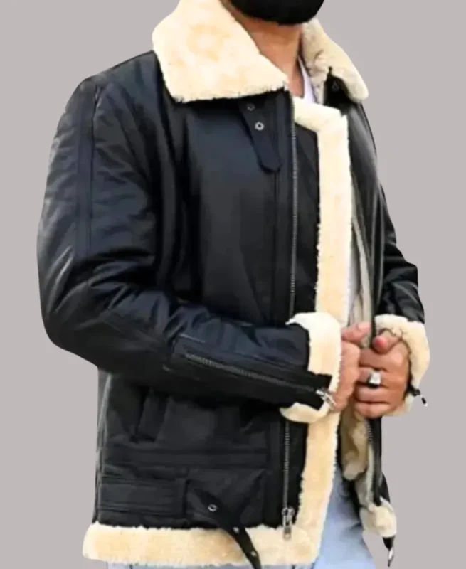 Aviator Style Shearling Black Leather Jacket