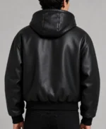 Faux Leather Hooded Bomber Jacket -Black