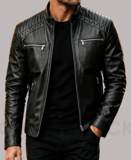 Mens Racer Quilted Black-Leather-Jacket