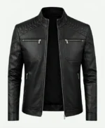 Men’s Biker Cafe Racer Quilted Black Leather Jacket