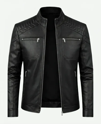Men’s Biker Cafe Racer Quilted Black Leather Jacket