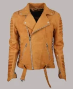 Men's Camel Brown Leather Belted Hemline Jacket
