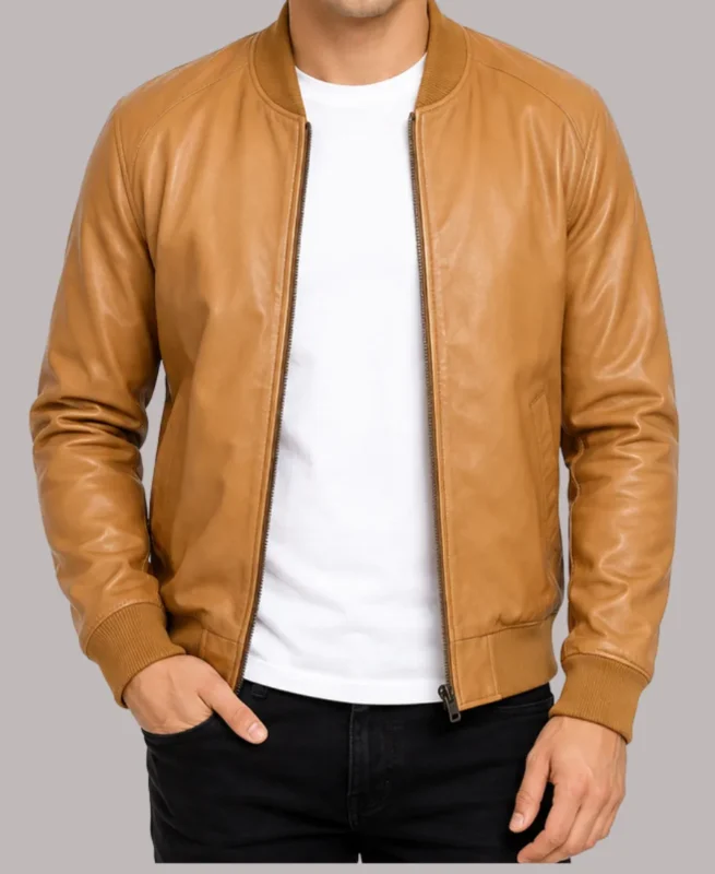 Casual Tan Brown Leather Bomber Jacket