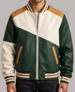 Men’s Color Block Varsity Bomber Leather Jacket