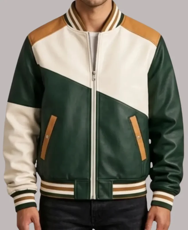 Men’s Color Block Varsity Bomber Leather Jacket